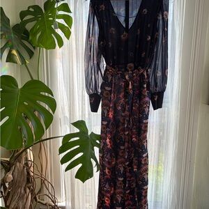Boden Belgrave Jumpsuit Size 12 Floral Navy Flourish V Neck Long Sleeve Belted